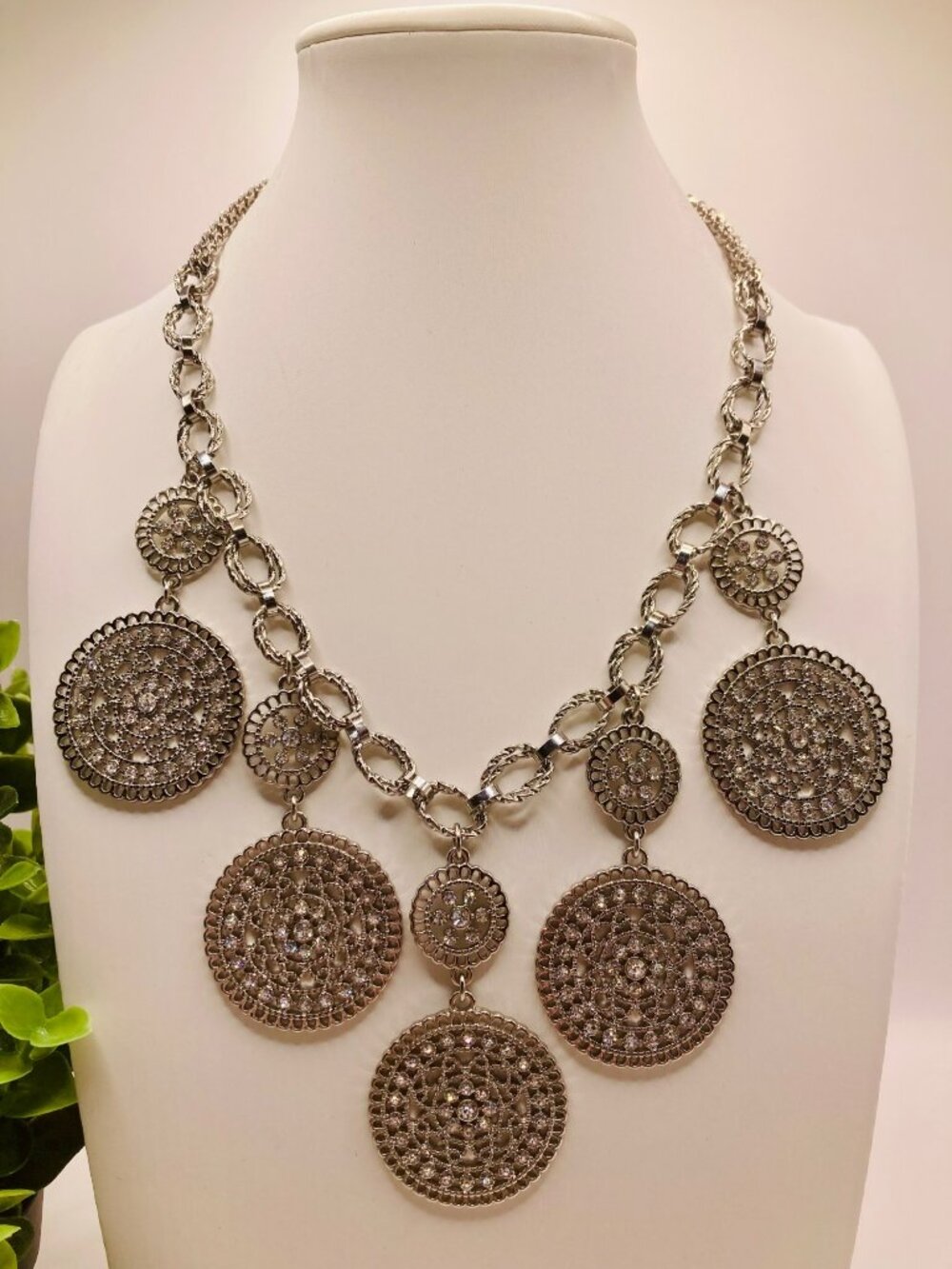 White House Black Market Silver Tone Filigree Medallion Statement Necklace -17B